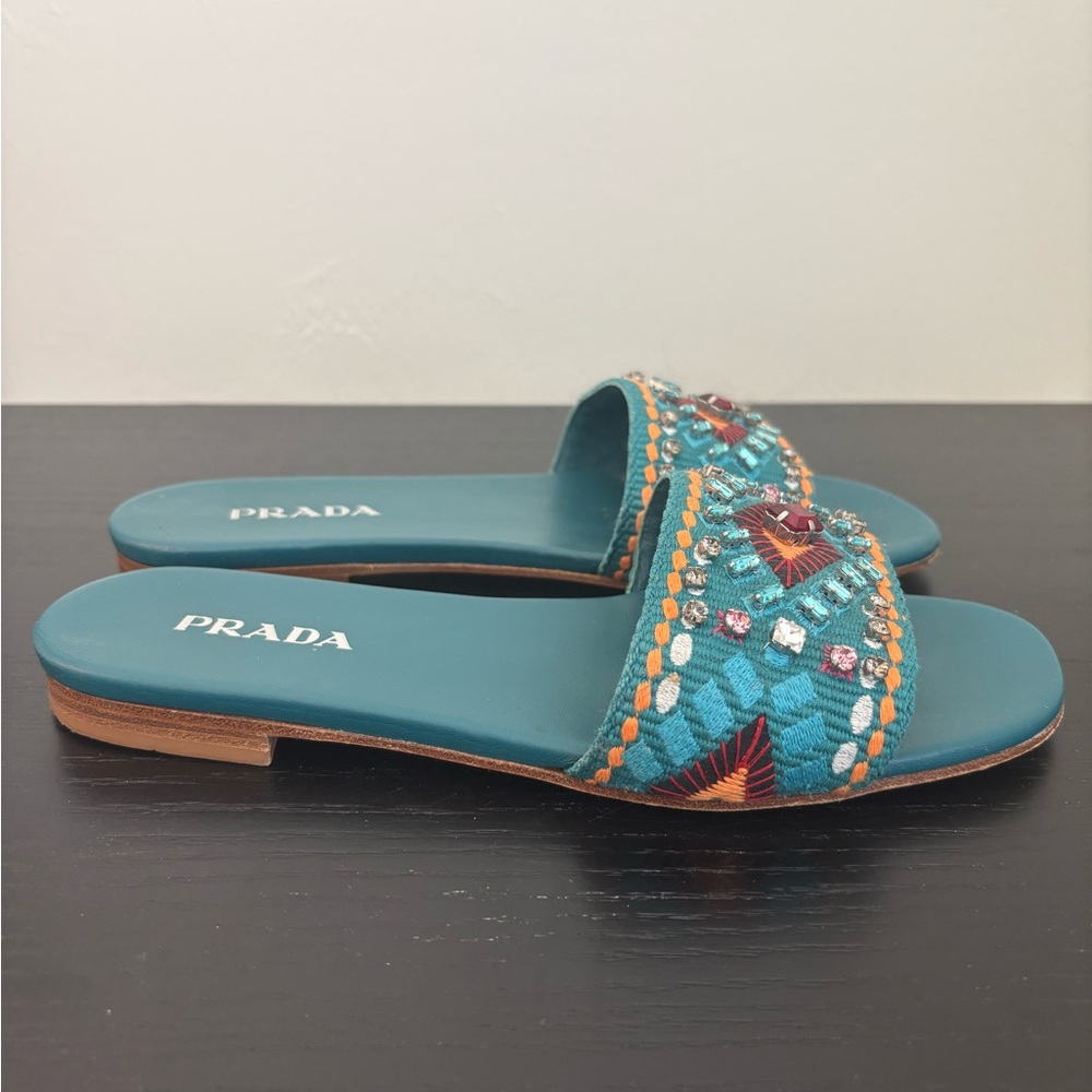 Prada Women's Teal Embroidered Sandals